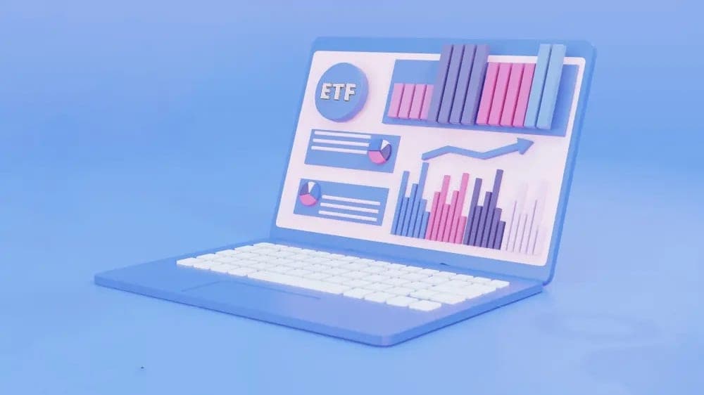 لپتاپ آبی با نشان ETF و نمودارهای میلهای صورتی و بنفش