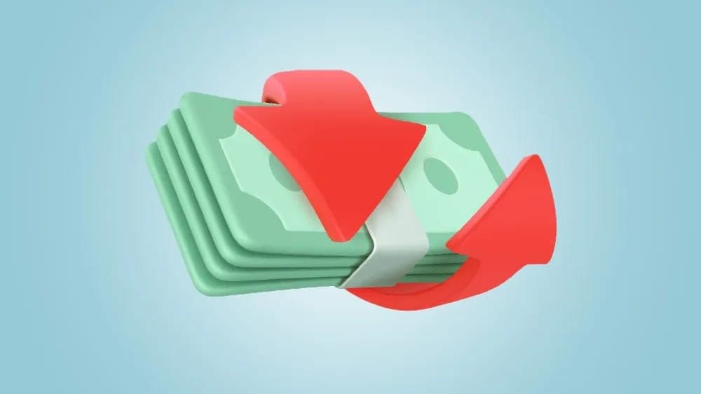بستهی اسکناس سبز با دو فلش قرمز دورش روی زمینهی آبی روشن