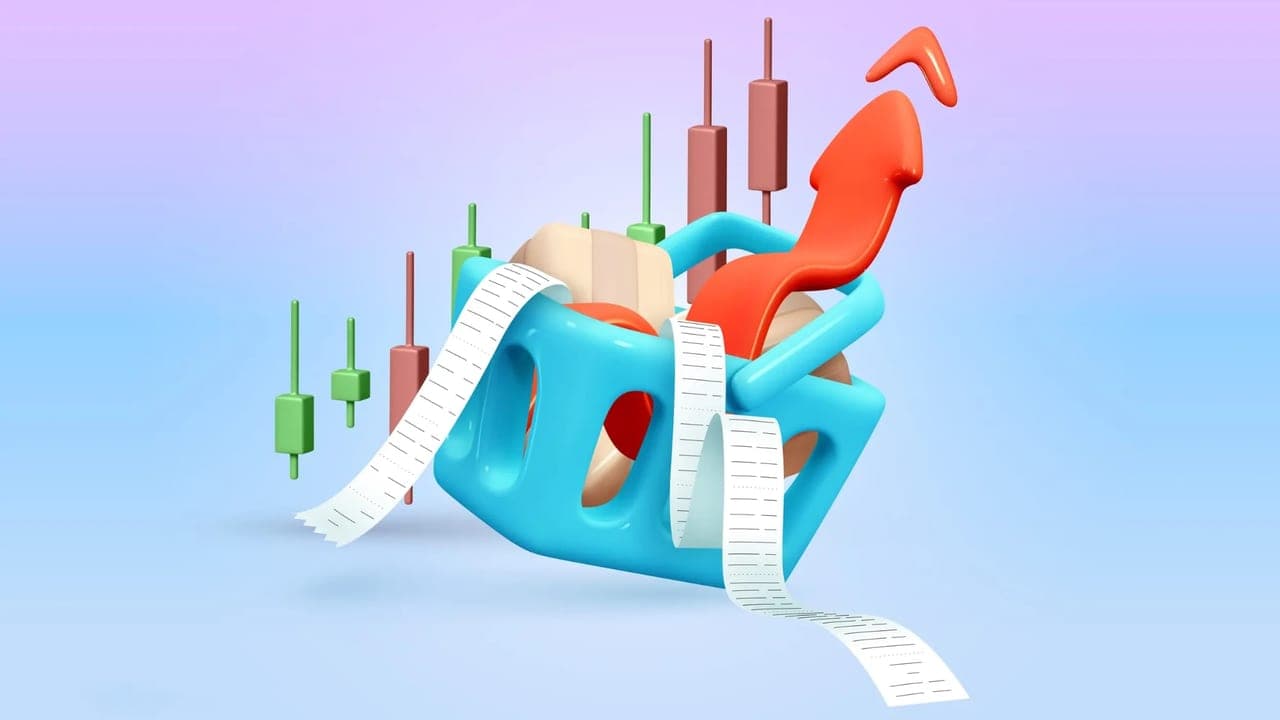 سبد آبی با نمودار شمعی، رسید خرید و فلش نارنجی رو به بالا