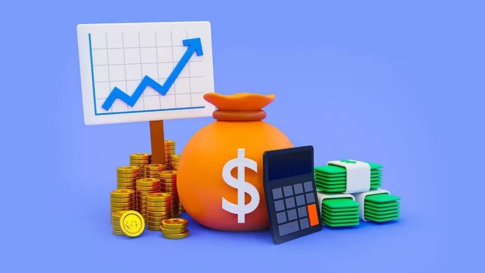 کیسهی پول نارنجی با علامت دلار، تابلوی نمودار رو به بالا، ماشینحساب و بستههای اسکناس